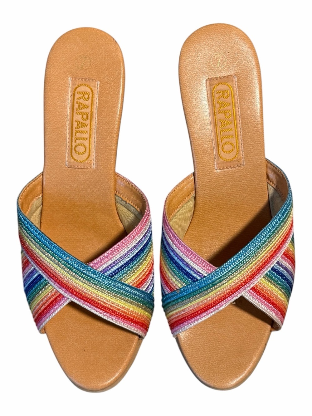 VINTAGE Rapallo Rainbow Striped Cork Heel Sandals. Size 7.